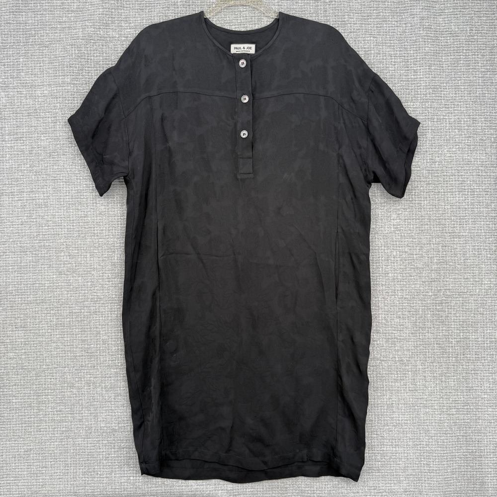 Paul & Joe Dress Womens 34 Black Jacquard Henley Short Sleeve Made in France